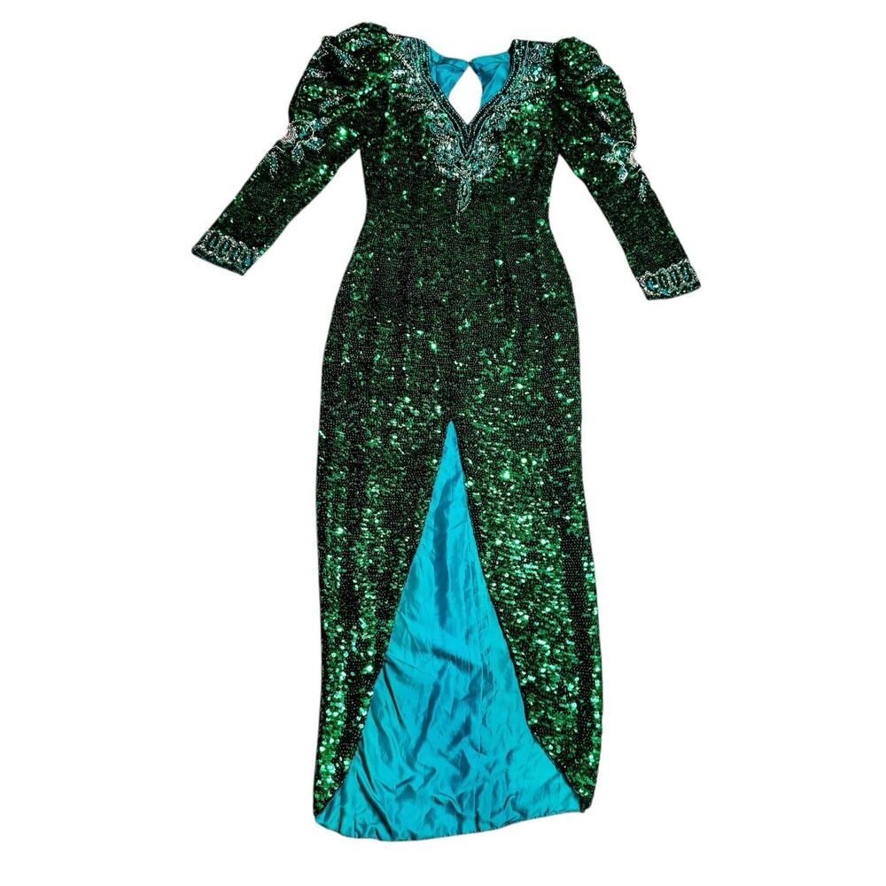 Sho Max VINTAGE 100% Pure Silk Sequin Dress Size Medium Formal Green Gown